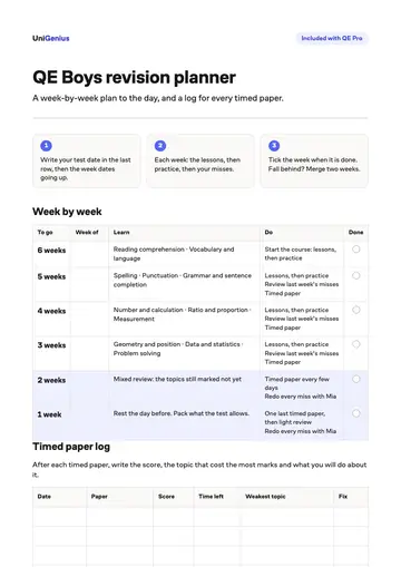 Page one of the QE Boys revision planner